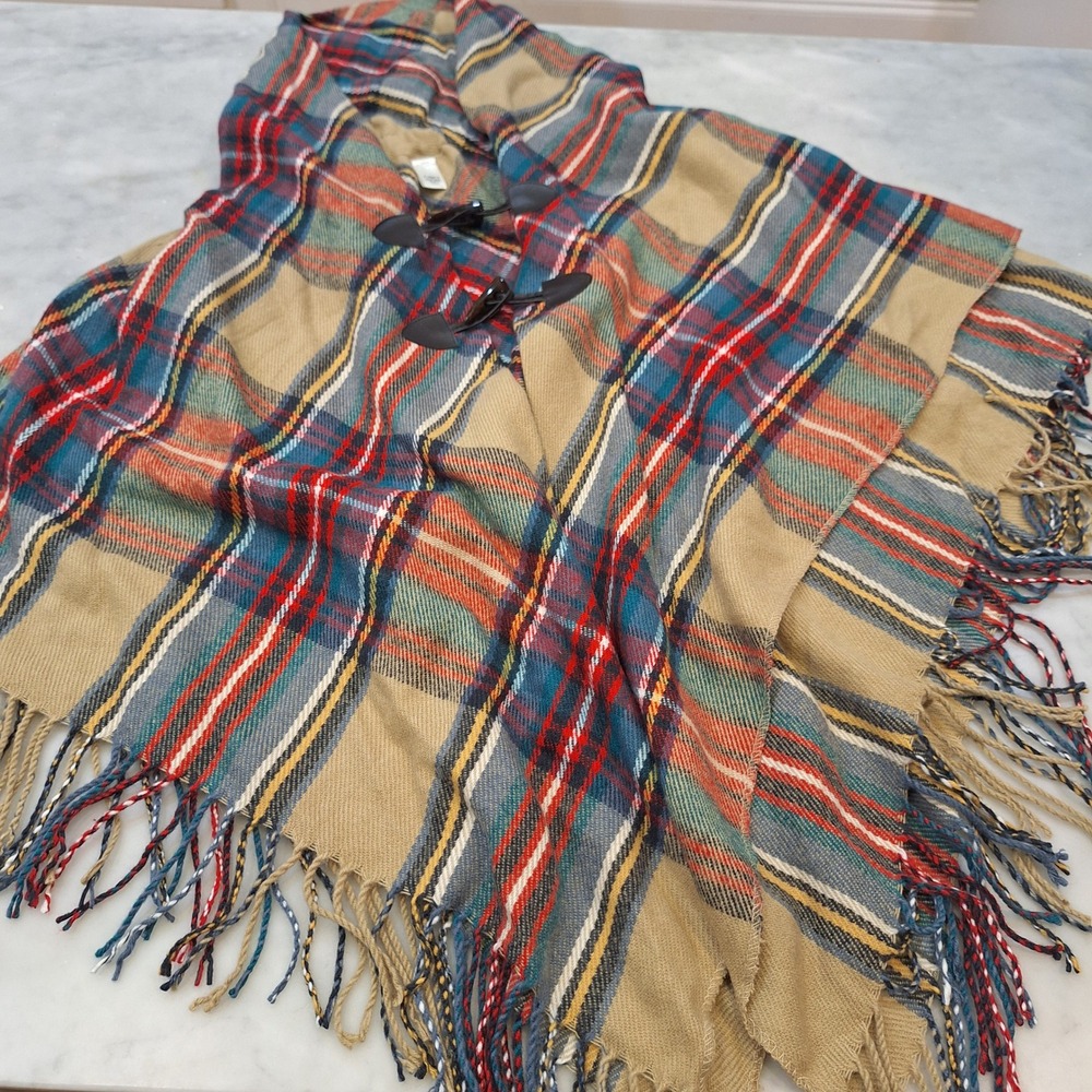 Cato Hooded Poncho Plaid Equestrian One Size Plaid Toggle Fringe Wrap Shawl Cape